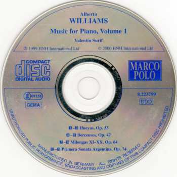 CD Alberto Williams: Music For Piano, Volume 1