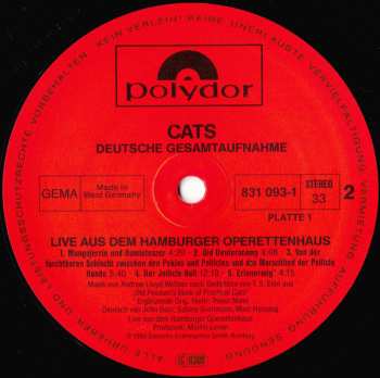 2LP Andrew Lloyd Webber: Cats Live - Deutsche Gesamtaufnahme Aus Dem Hamburger Operettenhaus