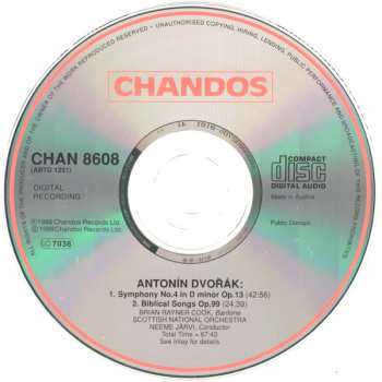 CD Antonín Dvořák: Symphony No. 4 (In D Minor Op. 13) / Biblical Songs (Song Cycle For Baritone & Orchestra Op. 99)