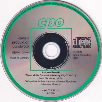 CD Antonio Rosetti: Three Violin Concertos