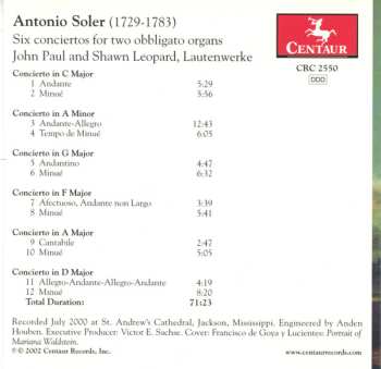 CD Padre Antonio Soler: Six Conciertos For Two Obbligato Organs
