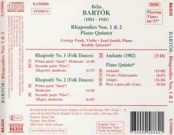 CD Béla Bartók: Rhapsodies Nos. 1 & 2 / Piano Quintet