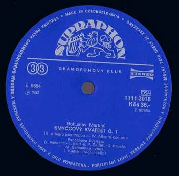 LP Bohuslav Martinů: Smyčcové Kvartet Č. 1