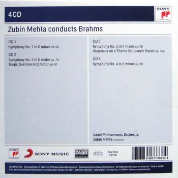 4CD/Doos Johannes Brahms: Zubin Mehta Conducts Brahms (Symphonies Nos. 1-4 • Tragic Overture • Haydn Variations)