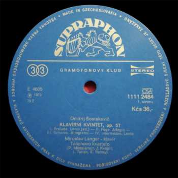 LP Dmitri Shostakovich: Klavírní Kvintet, Op. 57 / Smyčcový Kvartet Č. 1, Op. 49