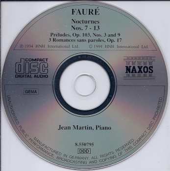 CD Gabriel Fauré: Nocturnes Nos. 7 - 13 / Préludes, Op. 103, Nos. 3 And 9 / 3 Romances Sans Paroles, Op. 17