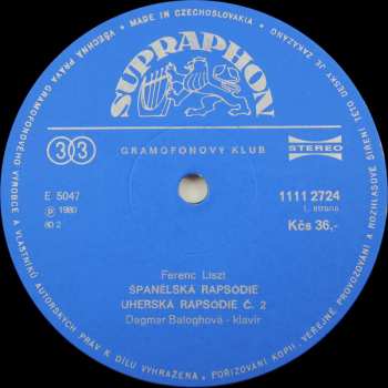 LP Franz Liszt: Spanelska Rapsodie, Uherska Rapsodie C.2, Apres Une Lecture Du Dante, Chasse Neige