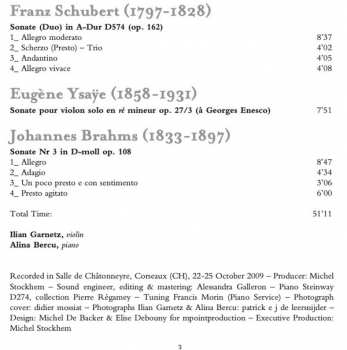 CD Johannes Brahms: Sonate Duo D574,  Sonate Op. 27 No. 3, Sonate No. 3 Op. 108