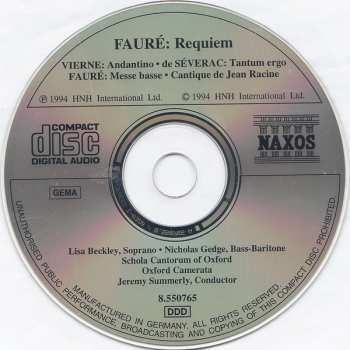 CD Gabriel Fauré: Requiem • Messe Basse • Cantique De Jean Racine / Andantino / Tantum Ergo