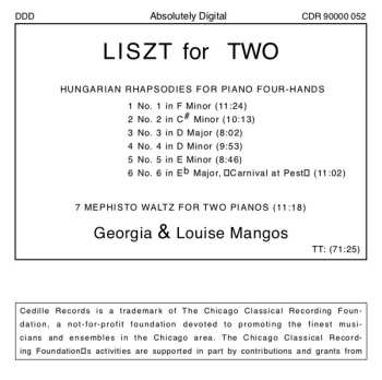 CD Georgia & Louise Mangos: Liszt For Two (Six Hungarian Rhapsodies For Piano Four-Hands / Mephisto Waltz For Two Pianos)