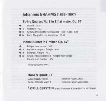 CD Johannes Brahms: String Quartet Op. 67 / Piano Quintet Op.34