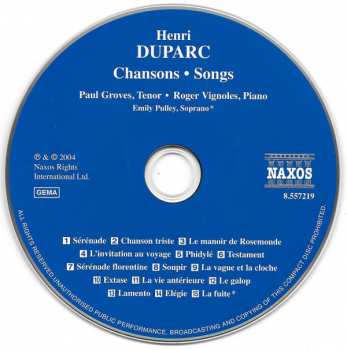 CD Henri Duparc: Chansons - Songs For Voice And Piano