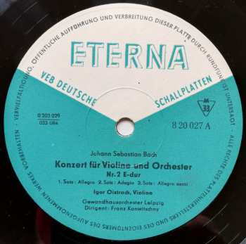 LP Johann Sebastian Bach: Konzert Für Violine Und Orchester E-Dur (BWV 1042) / Romanze G-dur Op. 40 / Romanze F-dur Op. 50