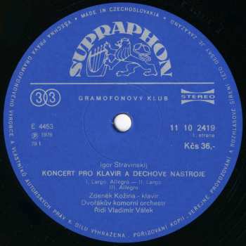 LP Igor Stravinsky: Koncert Pro Klavír A Dechové Nástroje / Sonata In C Pro Klavír / Serenada In A Pro Klavír