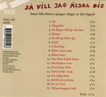 CD Jan Sigurd: Så Vill Jag Älska Dig - Anna-Mia Barwe Sjunger Sånger Av Jan Sigurd