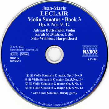 CD Jean Marie Leclair: Violin Sonatas • Book 3:  Op. 5, Nos. 9–12
