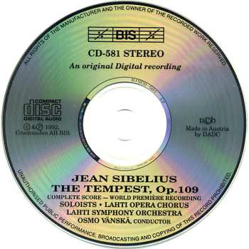 CD Jean Sibelius: The Tempest, Op.109 (World Première Recording Of The Complete Score)