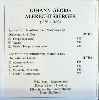 CD Johann Georg Albrechtsberger: Concertos For Jew's Harp, Mandora And Orchestra - Concertos Pour Guimbarde, Mandora Et Orchestre - Konzerte Für Maultrommel, Mandora Und Orchester 