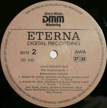 LP Johann Sebastian Bach: Die Solokonzerte 1, Rekonstruierte Konzerte Für Orgel Und Orchester D-moll