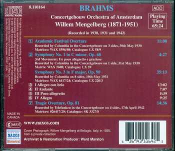 CD Johannes Brahms: Brahms Symphony No. 3 ; Academic Festival Overture ; Tragic Overture