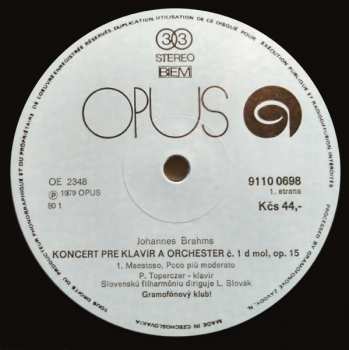 LP Johannes Brahms: Concerto No.1 For Piano And Orchestra In D Minor Op.15