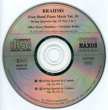 CD Johannes Brahms: Four Hand Piano Music Vol. 10 - String Quartets Op. 51 Nos. 1 & 2