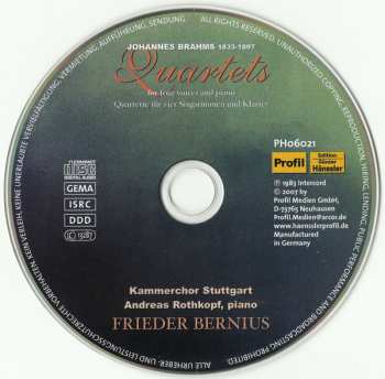 CD Johannes Brahms: Johannes Brahms - Quartets For Four Voices And Piano - Quartette Für Vier Singstimmen Und Klavier