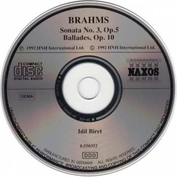 CD Johannes Brahms: Piano Sonata No. 3, Op.5, Ballades, Op.10