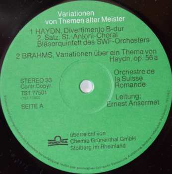 LP Johannes Brahms: Variationen Von Themen Alter Meister - Im Stil Gewandelt Nach Einem Jahrhundert
