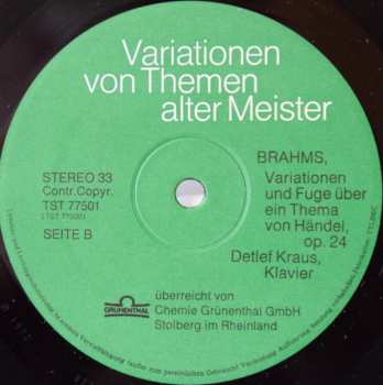 LP Johannes Brahms: Variationen Von Themen Alter Meister - Im Stil Gewandelt Nach Einem Jahrhundert