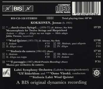 CD Joonas Kokkonen: Durch Einen Spiegel - Wind Quintet - Sinfonia Da Camera - Il Paesaggio