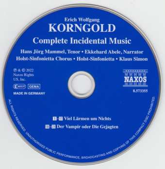 CD Erich Wolfgang Korngold: Complete Incidental Music: Much Ado About Nothing; Der Vampir