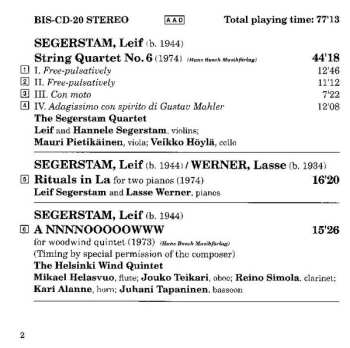 CD Leif Segerstam: String Quartet No.6 / A NNNNOOOOOWW For Wind Quintet / Rituals In La For Two Pianos