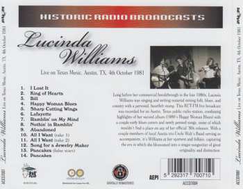 CD Lucinda Williams: Live On Texas Music, Austin, TX, 4th October 1981