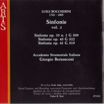 CD Luigi Boccherini: Sinfonie Op.35 N.1 G509, Op.41, N.3 G519, Op.45, G522 - Vol.3