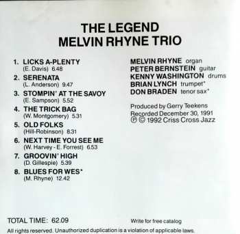 CD Melvin Rhyne Trio: The Legend