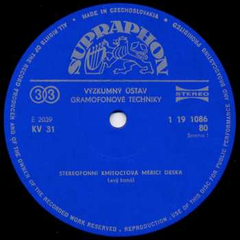 LP No Artist: Měřící Gramofonová Deska 1 (Stereofonní Kmitočtová Měřící Deska)