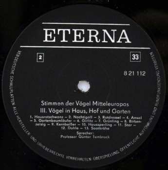 LP No Artist: Stimmen Der Vögel Mitteleuropas - III. Vögel In Haus, Hof Und Garten
