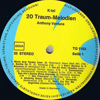 LP Orchester Anthony Ventura: 20 Traum-Melodien (Je T'Aime 6)