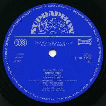 LP The Czech Philharmonic Orchestra: Pini Di Roma / La Boutique Fantasque