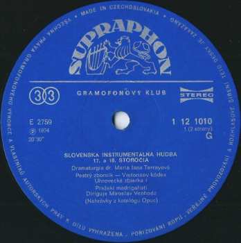 LP Prague Madrigal Singers: Slovenská Inštrumentálna Hudba 17.-18. Storočia