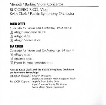 CD Ruggiero Ricci: Menotti / Barber: Violin Concertos