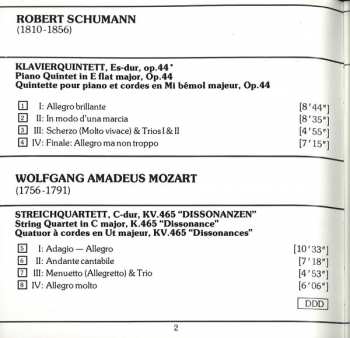 CD Robert Schumann: Live Recording From Carnegie Hall: Klavierquintett = Piano Quintet Op. 44 / Streichquartett = String Quartet KV 465 'Dissonanzen' = 'Dissonance'