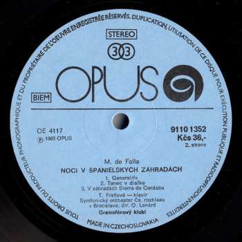 LP Manuel de Falla: Piano Concerto No. 1 In F Sharp Minor / Nights In The Gardens Of Spain