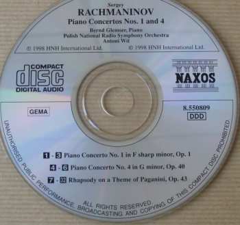 CD Sergei Vasilyevich Rachmaninoff: Piano Concertos Nos. 1 And 4 / Rhapsody On A Theme Of Paganini