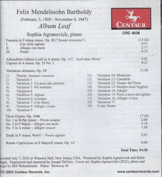 CD Sophia Agranovich: Album Leaf: Piano Works By Felix Mendelssohn