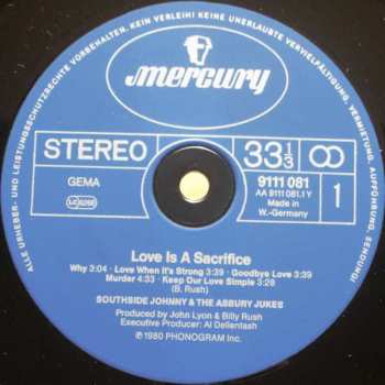 LP Southside Johnny & The Asbury Jukes: Love Is A Sacrifice