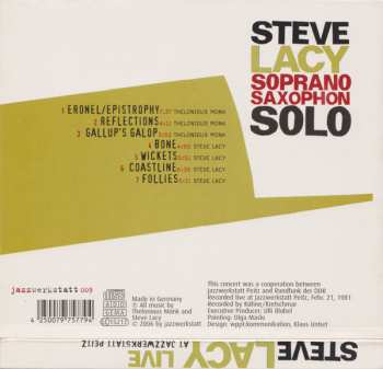 CD Steve Lacy: Live At Jazzwerkstatt Peitz