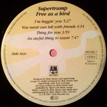 LP Supertramp: Free As A Bird CLR