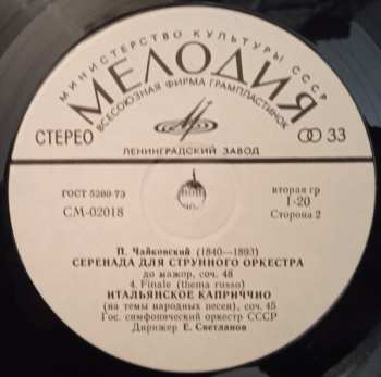 LP Pyotr Ilyich Tchaikovsky: Серенада Для Струнного Оркестра / Итальянское Каприччио